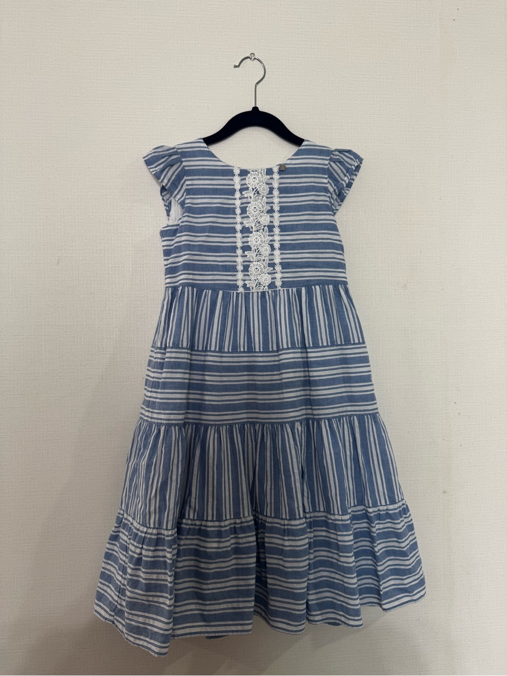 Anna Sui Blue and White Striped Tiered Dress with Lace Trim